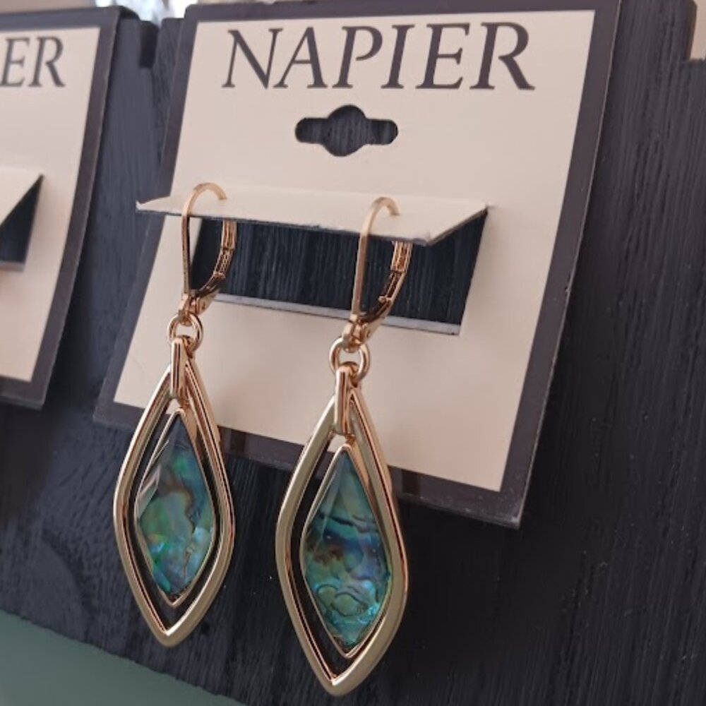 NAPIER Mod/Contemporary Gold Abalone Diamond Shaped Drop Earrings**NEW! - Picture 2 of 4